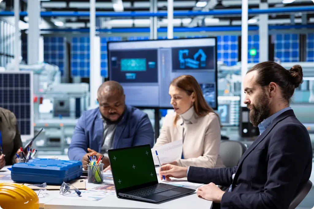 factory researchers reviewing system health metrics with mockup laptop 1
